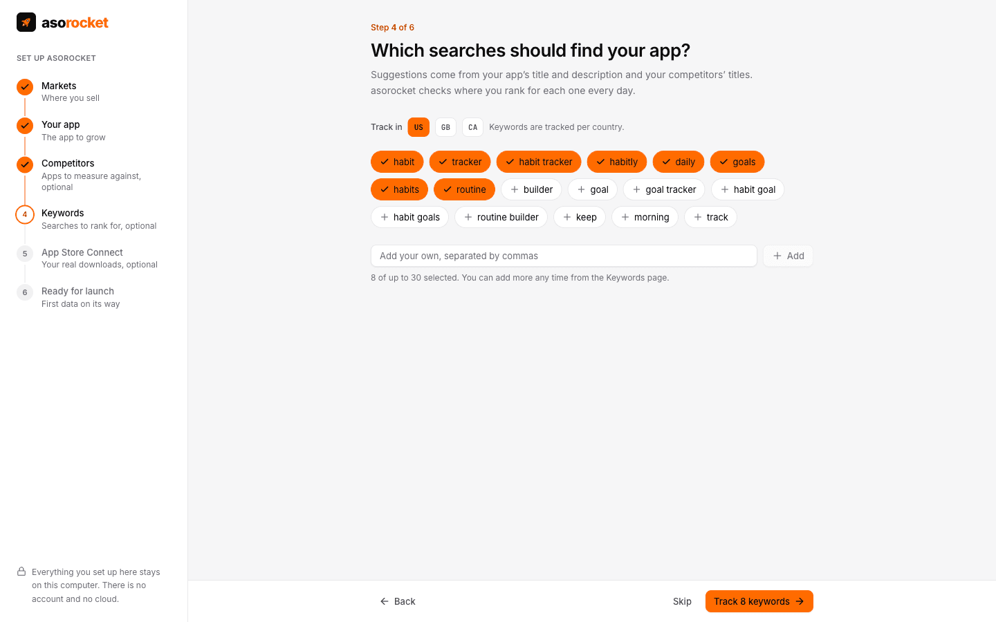 Guided setup suggesting keywords to track for your app