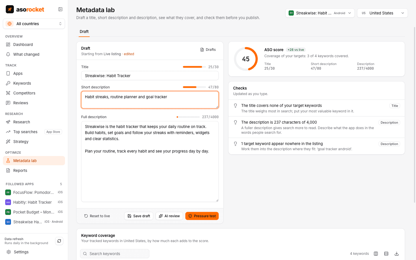 Metadata lab with a Google Play title, short description and full description, character counters, an ASO score and checks
