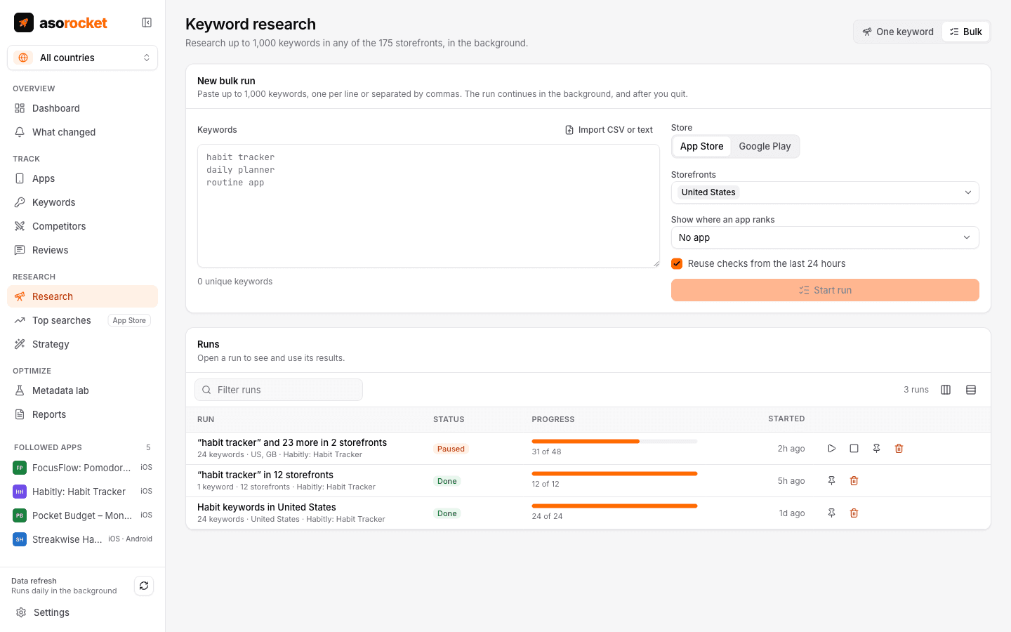 Bulk research with a list of keywords, storefronts and progress of a research run