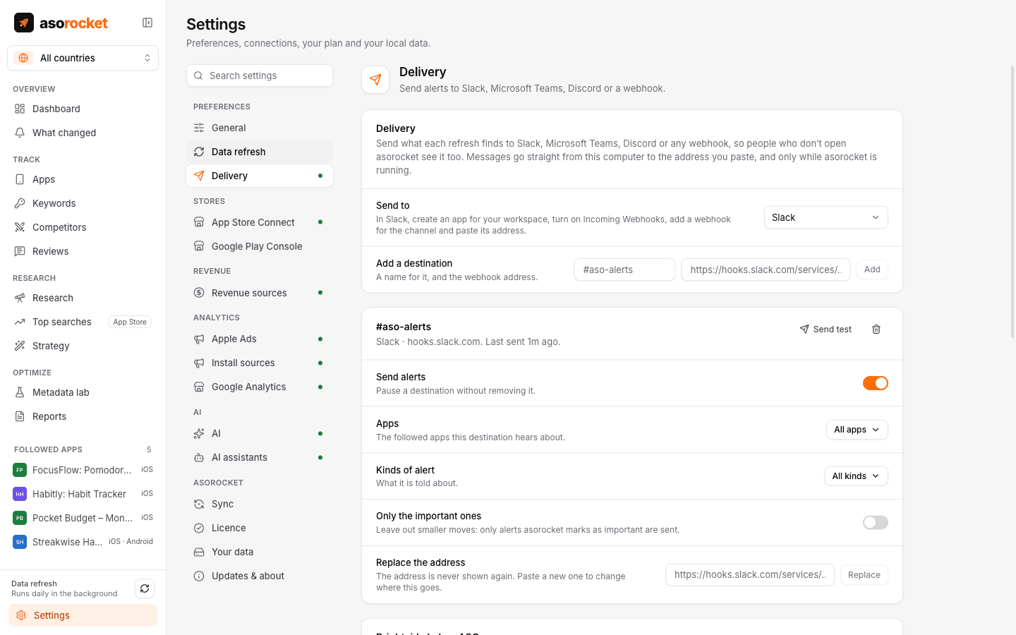 Delivery settings with a Slack destination: the apps and kinds of alert it hears about, a switch for only the important ones, and a Send test button