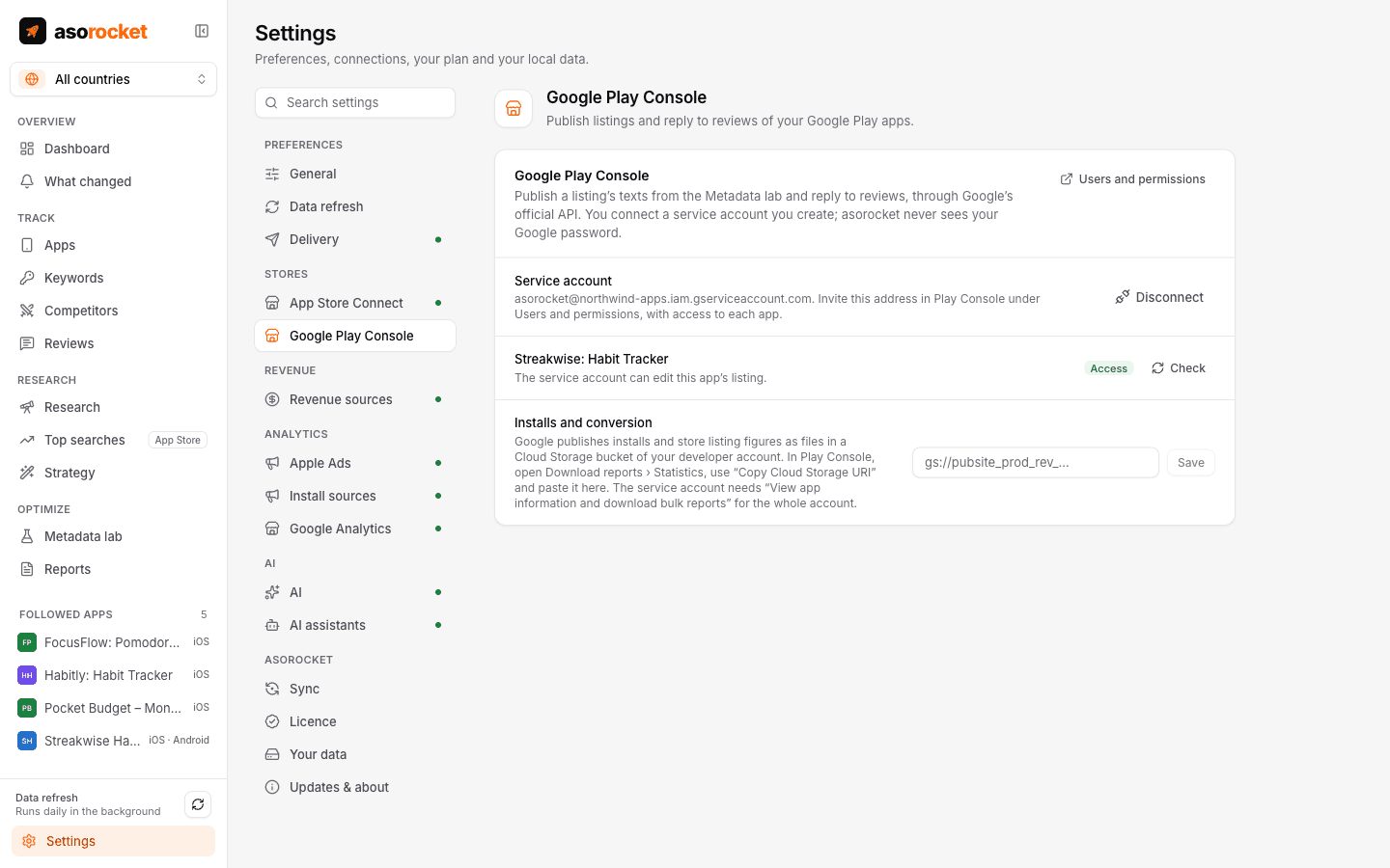 Google Play Console in Settings, connected with a service account that can edit the followed app’s listing